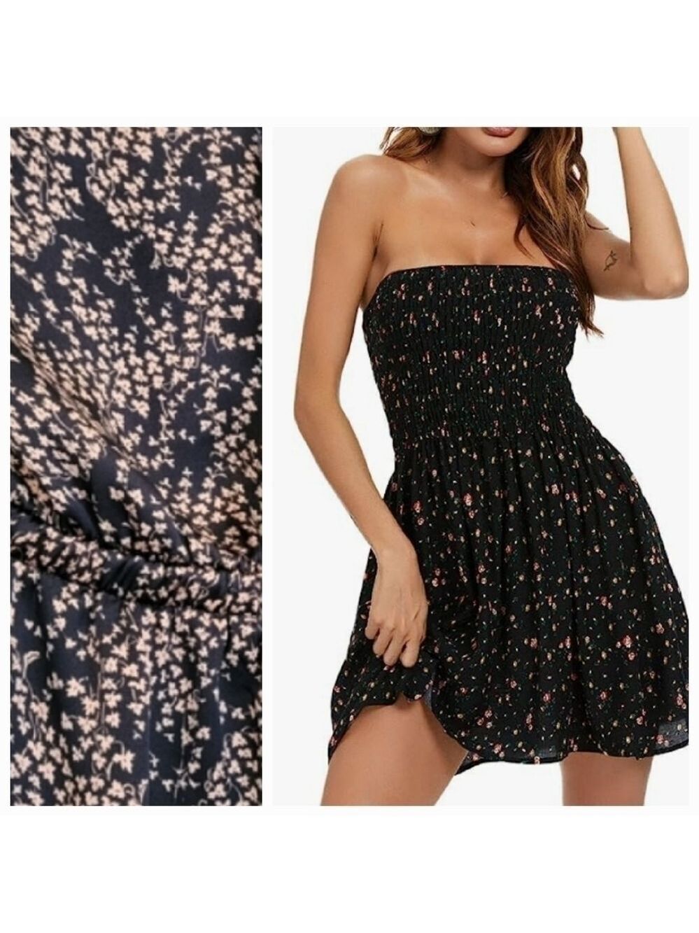 Forever 21 Strapless Navy Pink Floral Ruffle Trim Mini Dress Size Medium
